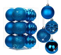 Oairse 8cm/3.15" Blue Christmas Baubles 12 pcs Shatterproof Tree Ornaments with Hanging Strings, Large Christmas Tree Decorations Set for Wedding Holiday Party Wreath Xmas Halloween Home Decor