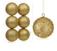 Oairse 8cm Large Christmas Bauble Ornaments 6 Pcs Shatterproof Big Gold Bauble for Xmas Tree Glitter Christmas Tree Ornaments for Halloween Holiday Wedding Party Decoration