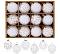 Oairse 8cm Velvet Christmas Baubles 12 Pcs White Shatterproof Baubles Ornaments with Glitter Patterns Hanging Xmas Ball Luxury Christmas Tree Decorations for Holiday Party Thanksgiving Home Decor