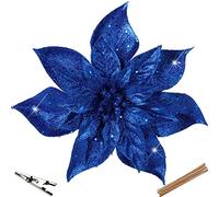 Oairse 8PCS Large Glitter Poinsettia 9"/23cm Blue Artificial Flowers with Clips Christmas Flower Fake Floral Ornaments for Xmas Tree Holiday Wedding New Year Halloween Christmas Tree Decorations