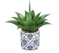 Oairse Artificial Agave Plant in Blue and White Ceramic Pot 13" Realistic Fake Plant Indoor Tropical Faux Greenery for Home Office Décor Bathroom Living Room Table Shelf Decoration