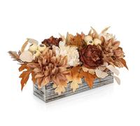 Oairse Artificial Autumn Flower Arrangement in Rustic Wooden Box Faux Chrysanthemums, Peonies & Maple Leaves Table Centerpiece for Fall, Harvest, Thanksgiving, Farmhouse Home Décor