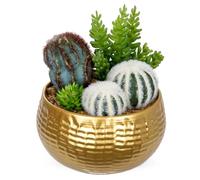 Oairse Artificial Cactus Plants Indoor, 7" Assorted Small Faux Succulent in Pots Fake Potted Desk Plant with Gold Bowl Mini Succulents Artificial Cactus Decor for Home Office Bathroom Table Shelf