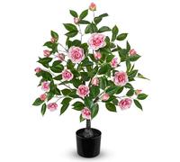 Oairse Artificial Camellia Tree 90cm Faux Pink Flower Tree in Black Pot, Large Fake Potted Plant Indoor, Realistic Artificial Flowering Tree for Living Room, Office, Bedroom Home Decor