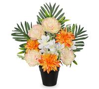 Oairse Artificial Cemetery Flowers in Pot Funeral Flowers Arrangements 48cm Silk Dark Pink Potted Peony Dahlia Memorial Flower for Grave Cemetery Headstones Outdoor Decoration