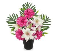 Oairse Artificial Cemetery Flowers in Pot Funeral Flowers Arrangements 48cm Silk Dark Pink & White Potted Lily Dahlia Memorial Flower for Grave Cemetery Headstones Outdoor Decoration
