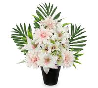 Oairse Artificial Cemetery Flowers in Pot Funeral Flowers Arrangements 48cm Silk Pink & White Potted Lily Dahlia Memorial Flower for Grave Cemetery Headstones Outdoor Decoration