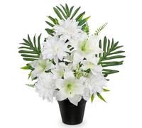 Oairse Artificial Cemetery Flowers in Pot Funeral Flowers Arrangements 48cm Silk White Potted Lily Dahlia Memorial Flower for Grave Cemetery Headstones Outdoor Christmas Decoration