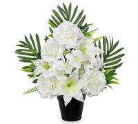 Oairse Artificial Cemetery Flowers in Pot Funeral Flowers Arrangements 48cm Silk White Potted Lily Peony Memorial Flower for Grave Cemetery Headstones Outdoor Christmas Decoration