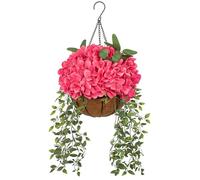 Oairse Artificial Hanging Flowers with Basket, Pink Faux Silk Flower Arrangement with Hydrangea Flower & Trailing Greenery, Outdoor Hanging Flowers Spring Decor for Porch Garden Patio Balcony