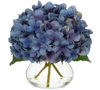 Oairse Artificial Hydrangea Flowers Autumn Table Centrepiece Dark Blue Fake Flower in Glass Vase with Faux Water Silk Faux Flower Arrangement for Home Office Wedding Christmas Thanksgiving Fall Decor