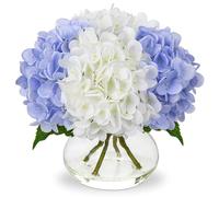 Oairse Artificial Hydrangea Flowers in Vase Faux Hydrangea Flower in Glass Vase with Faux Water Blue Silk Flower Fall Flora Arrangement for Home Office Autumn Wedding ChristmasTable Centerpiece Decor