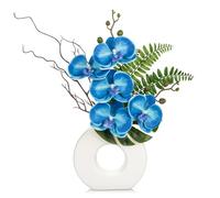 Oairse Artificial Orchid Flowers 41cm Blue Orchid Silk Flowers with Ceramic White Vase Faux Phalaenopsis Flower Arrangement for Home Office Kitchen Table Centerpiece Decoration