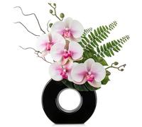 Oairse Artificial Orchid Flowers 41cm Pink Orchid Silk Flowers with Ceramic Black Vase Faux Phalaenopsis Flower Arrangement for Home Office Kitchen Table Centerpiece Decoration