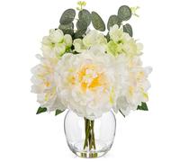 Oairse Artificial Peony Flowers in Glass Vase with Faux Water, Realistic Silk Flower Arrangement with Vase, White Peonies Flower Table Centrepiece for Living Room Bedroom Office Home Decorations