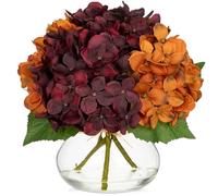 Oairse Autumn Decoartions Artificial Hydrangea Flowers in Glass Vase with Faux Water Silk Faux Flower Arrangement for Home Office Wedding Table Centrepiece Thanksgiving Fall Decor, Red and Orange