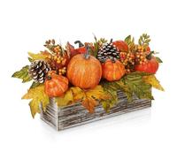 Oairse Autumn Decor Artificial Pumpkin Table Centerpiece in Rustic Wooden Box Fall Decorations Harvest Arrangement with Maple Leaves, Pinecones & Berries for Thanksgiving Wedding Farmhouse Home Décor