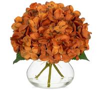 Oairse Autumn Decorations Artificial Hydrangea Flowers Dark Orange Faux Flower in Glass Vase with Faux Water Silk Flower Arrangement for Home Office Wedding Thanksgiving Table Centrepiece Fall Decor