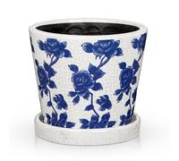 Oairse Blue and White Ceramic Plant Pot with Drainage Hole & Saucer, 14cm Flower Pot for Indoor Outdoor Plants, Crackle Glaze Porcelain Planter for Houseplants, Succulents, Herbs & Home Decor