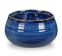 Oairse Blue Ceramic Planter Bowl Decorative Indoor Plant Pot with Textured Stripes, Wide Shallow Ceramic Flower Pot for Indoor/Outdoor, Small Bonsai Pot for Succulents, Cactus or Herbs, 16.5cm x 10cm
