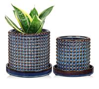 Oairse Ceramic Plant Pot 15CM + 11CM Bubble Ceramic Planter with Drainage Holes Blue Flower Pots Beaded Design Decorative Plant Pots Indoor pour Cactus Snake Plant Houseplant