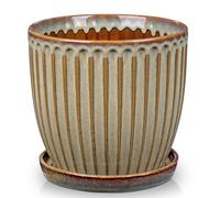 Oairse Ceramic Pots for Indoor Plants, 20CM Pots for Plants Brown Planters with Drainage Holes and Saucers Texture Ceramic Planters Indoor Outdoor for Succulent