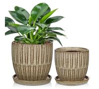 Oairse Ceramic Pots for Indoor Plants, 4.7 +5.7 inch Pots for Plants Set of 2 Brown Plant Pots with Drainage Holes and Saucers Texture Ceramic Planters Indoor Outdoor Flower Pot for Succulent