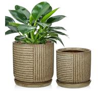 Oairse Ceramic Pots for Indoor Plants, 6.1 +4.9 inch Pots for Plants Set of 2 Brown Plant Pots with Drainage Holes and Saucers Texture Ceramic Planters Indoor Outdoor Flower Pot for Succulent