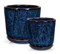 Oairse Ceramic Pots for Plants, 8+6 inch Plant Pots with Drainages Holes & Saucers Large Blue Ceramic Planters Decorative Flower Pot for Indoor Plants Outdoor Inoor