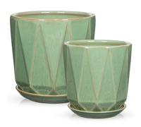 Oairse Ceramic Pots for Plants, 8+6 inch Plant Pots with Drainages Holes & Saucers Large Green Ceramic Planters Decorative Flower Pot for Indoor Plants Outdoor Inoor