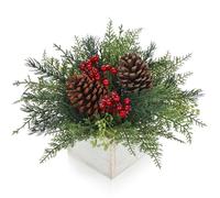 Oairse Christmas Table Centerpiece with Pine Cones Red Berries and Cedar Greenery in Rustic Wooden Box Artificial Floral Arrangement for Holiday Decor for Home Mantel Thanksgiving Christmas Decoration