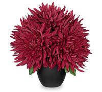 Oairse Chrysanthemum Artificial Flowers Potted 5 Large Silk Flowers Heads in Black Pot Red Flower for Autumn Flora Arrangement Home Office Bathroom Shelf Table centerpiece Fall Decoration