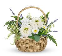 Oairse Dahlia Artificial Flowers, Spring Summer Flower Centerpieces for Tables Silk Flower with Woven Basket Fake Dahlia with Daisies & Lavender White Flower Arrangement for Kitchen Dinner Table