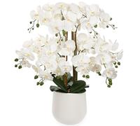 Oairse Extra Large White Orchid Artificial Flowers in Cream Resin Pot, 29.5in Lifelike Silk Orchid Arrangement Faux Phalaenopsis Plant for Elegant Home Office Table Centerpiece Décor