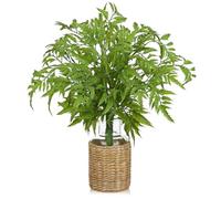 Oairse Faux Greenery Stems in Vase Aritificial Fern Plant in Glass Vase with Faux Water & Woven Cover Small Fake Desk Plants Greenery Centerpieces for Farmhouse Kitchen Dinner Tables Shelves Decor