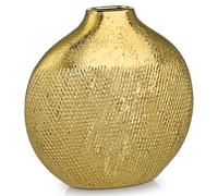 Oairse Gold Ceramic Vase with Narrow Opening, 24 cm Flat Round Textured Decorative Vase, Modern Metallic Vases for Pampas Grass, Dried Flowers, Living Room or Shelf Décor