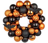 Oairse Halloween Wreath for Front Door, 13 inch Small Halloween Ball Wreath with Pumpkins Bats Shatterproof Front Door Wreaths Orange/Black Ball Ornament for Wall Mantel Porch Indoor Outdoor Decor