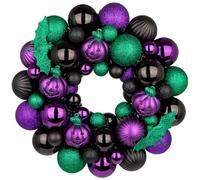 Oairse Halloween Wreath for Front Door, 13 inch Small Halloween Ball Wreath with Pumpkins Bats Shatterproof Front Door Wreaths Green/Purple/Black Ball Ornament for Wall Mantel Indoor Outdoor Decor