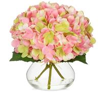 Oairse Hydrangea Artificial Flowers with Glass Vase Pink-Green Silk Faux Flowers Arrangements in Vase with Faux Water Fake Floral Bulk Bouquet for Home Wedding Decor Table Centerpiece Decorations