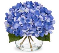 Oairse Hydrangea Artificial Flowers with Vase Silk Faux Hydrangea Flower in Glass Vase with Faux Water Blue Fall Flora Arrangement for Home Office Living Room Wedding Table Centerpiece Autumn Decor