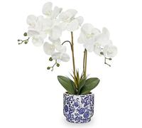 Oairse Orchid Artificial Flowers in Pot 19.6" White Orchid with Blue and White Ceramic Pot Fake Orchid Plant Silk Faux Phalaenopsis for Home Office Kitchen Bathroom Table Centerpiece Decoration
