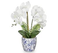 Oairse Orchid Artificial Flowers in Pot 19.6" White Orchid with Blue and White Ceramic Pot Fake Orchid Plant Silk Faux Phalaenopsis for Home Office Kitchen Bathroom Table Centerpiece Decoration