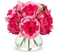 Oairse Peonies Artificial Flowers with Vase Hot Pink Faux Flowers Peony Fake Flowers Silk Flower Arrangements in Glass Vase with Faux Water for Home Decor Bathroom Table Centerpiece Decorations