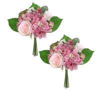 Oairse Set of 2 Artificial Flower Bouquet 29cm Silk Fake Hydrangeas, Roses Flowers with Greenery, Realistic Faux Floral Arrangements for Home Office Wedding Decor Table Centrepieces Party Decoration