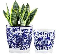 Oairse Set of 2 Blue and White Ceramic Plant Pots 13cm 11cm Ceramic Planter with Drainage Holes and Saucers Tray Indoor Plants Elegant Decorative Flower Pots for Succulent Herbs, Office or Home Decor