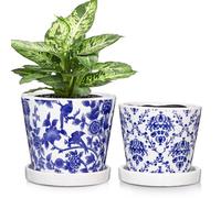 Oairse Set of 2 Blue and White Ceramic Planter 14CM 12CM Ceramic Plant Pots Indoor with Drainage Holes and Saucers Tray Decorative Flower Pots Garden Pot for Succulent Cactus House Plants