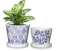 Oairse Set of 2 Blue and White Ceramic Planter 14CM 12CM Ceramic Plant Pots Indoor with Drainage Holes and Saucers Tray Decorative Flower Pots Garden Pot for Succulent Cactus House Plants