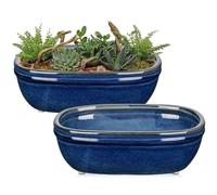 Oairse Set of 2 Bonsai Pots Shallow Succulent Planters for Live Bonsai Trees, 23cm/9.5" Ceramic Plant Pot for Succulents Indoor, Outdoor Cactus Plant Pot, Blue Flower Pot