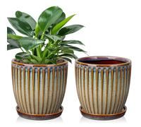 Oairse Set of 2 Ceramic Plant Pots 15CM Brown Ceramic Planter with Drainage Holes and Saucers Decorative Stripe Plant Pots Indoor Outdoor Modern Flower Pots for Succulent Cactus Orchid House Plants