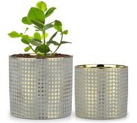 Oairse Set of 2 Ceramic Plant Pots with Drainage Hole 16CM 13CM Decorative Indoor Flower Planters with Gold Diamond Pattern, Modern Glazed Pot for Succulents, Herbs, Snake Plant, Home Office Decor